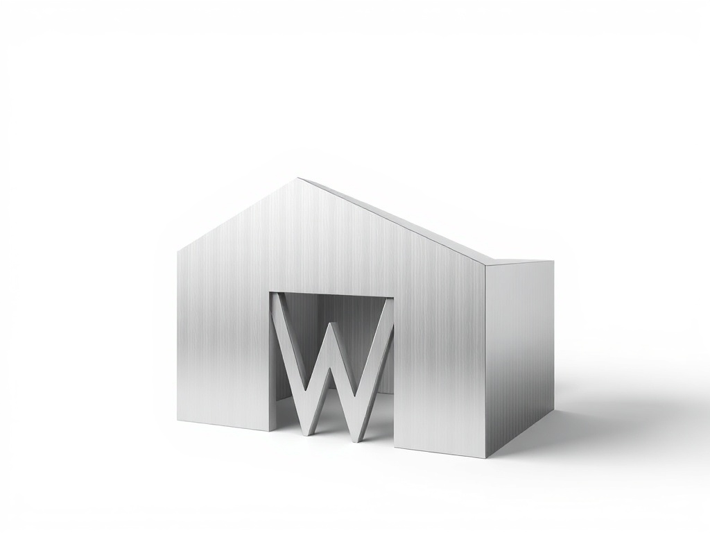 Minimalist 3D render of an abstract warehouse building icon with a hidden 'W' shape, metallic finish, soft shadows, isolated on white, photorealistic, 8k.